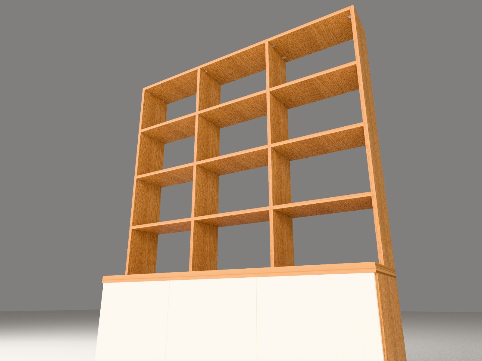 Von schräg unten: Abdeckplatte, Unterschrank und offene Fächer — Sideboard-Regal Eiche