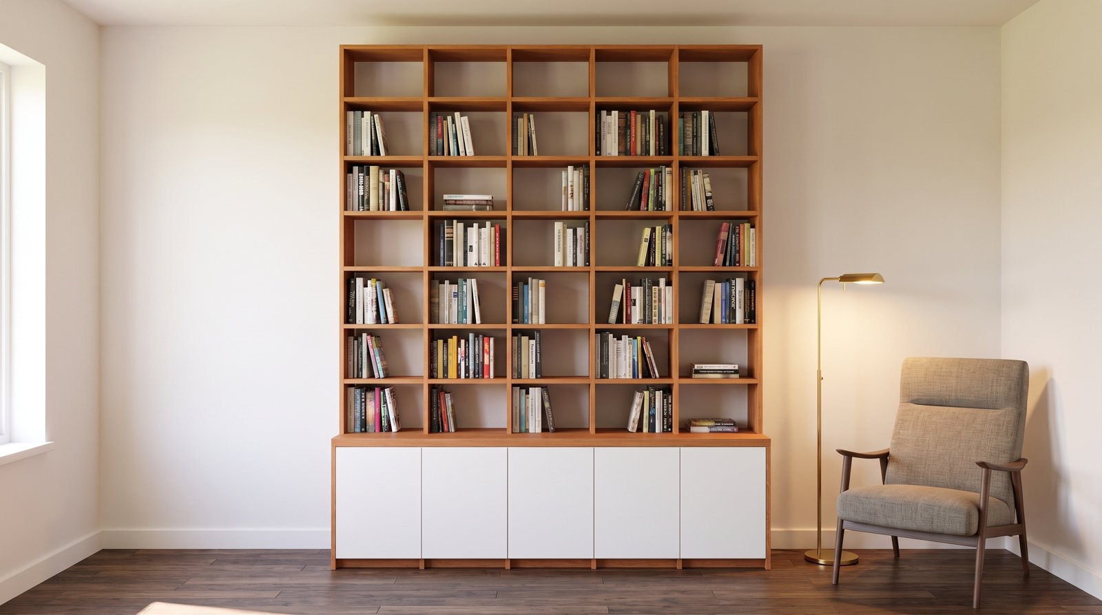 Bücherwand Kirschbaum mit Unterschrank — im Wohnraum